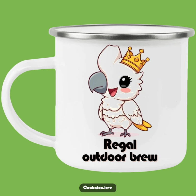 Funny Regal Cockatoo Camping Mug: Comical Crowned Bird Enamel Cup, Perfect Funny Gift