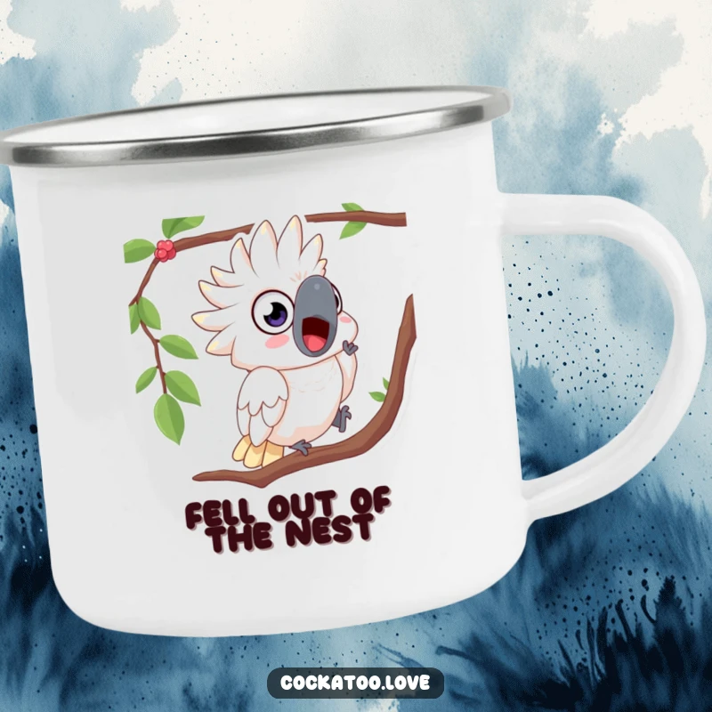 Funny camping mug showing a surprised cockatoo with wide eyes, tumbling from a branch, ready for outdoor fun.