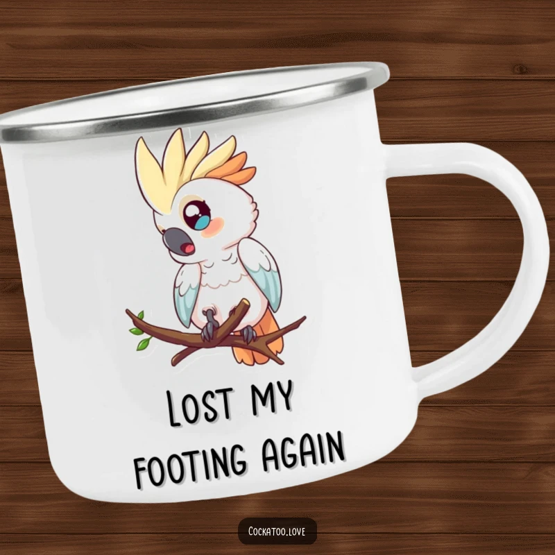 Funny enamel camping mug featuring a surprised cockatoo with wide eyes, tumbling from a branch.