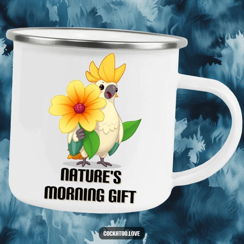 Funny cockatoo camping mug featuring a cheerful bird offering a big flower with a friendly nod, for humorous outdoor enjoyment.