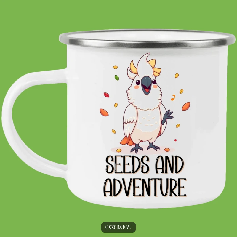 Funny Cockatoo Juggling Seeds Camping Mug: Adventure-Ready and Humorous Outdoor Drinkware