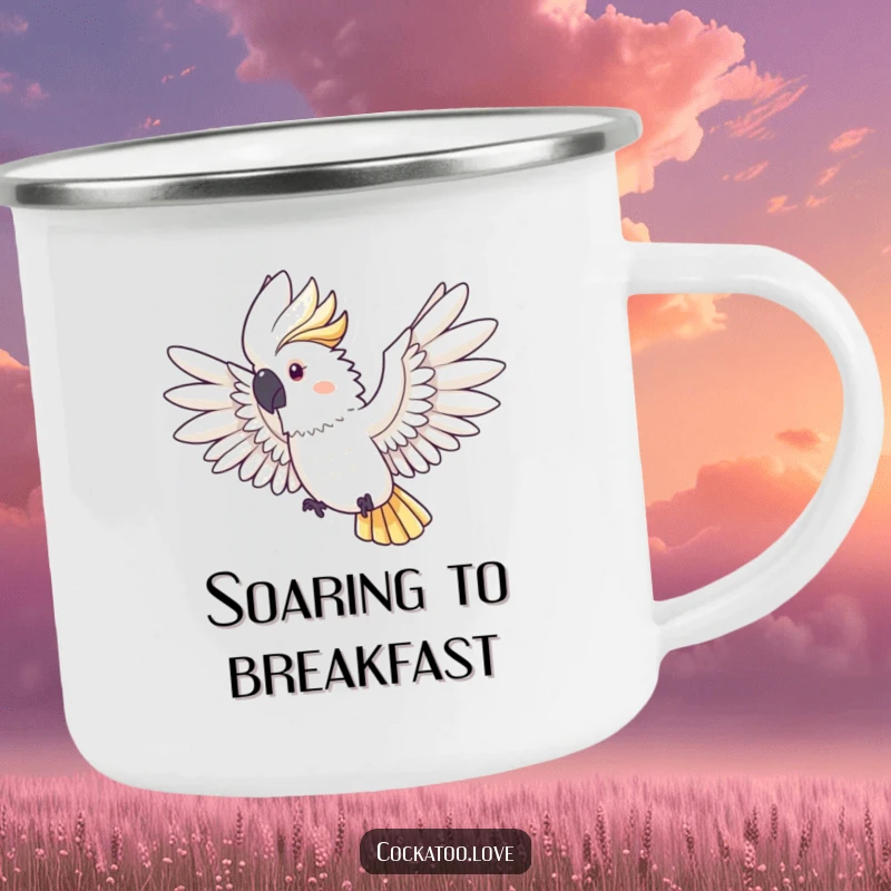 Funny Cockatoo Camping Mug: A cockatoo with wings outstretched is ready for adventure, bringing funny vibes to your camp coffee.