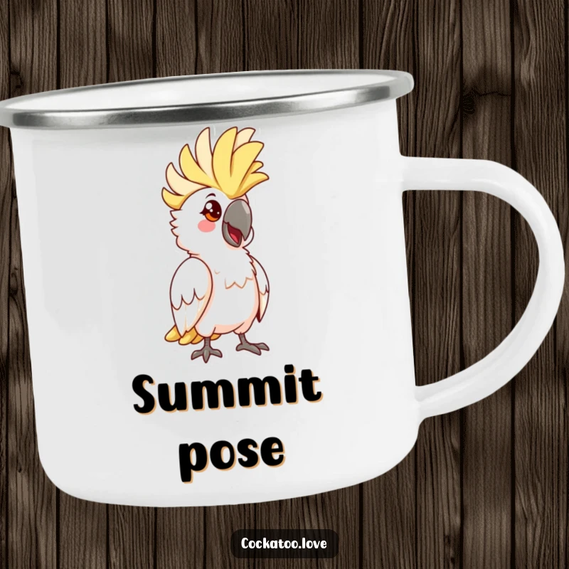 Funny Cockatoo Crest Camping Mug: Durable mug with a cockatoo striking a funny pose with its crest raised, perfect for camping.