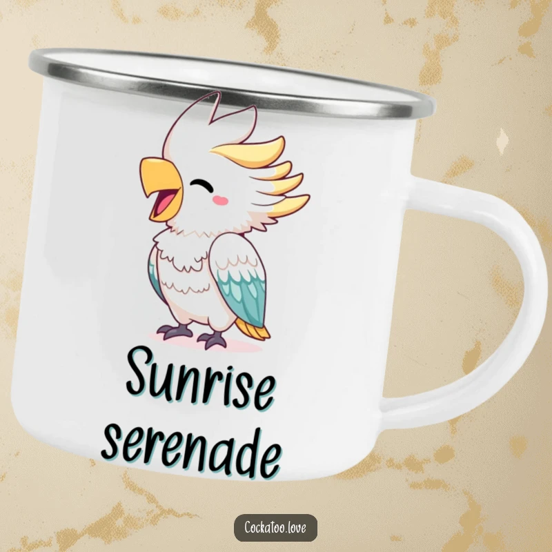 Funny cockatoo camping mug featuring a cheerful bird with a bright beak squawking with delight, perfect for enjoying drinks outdoors.