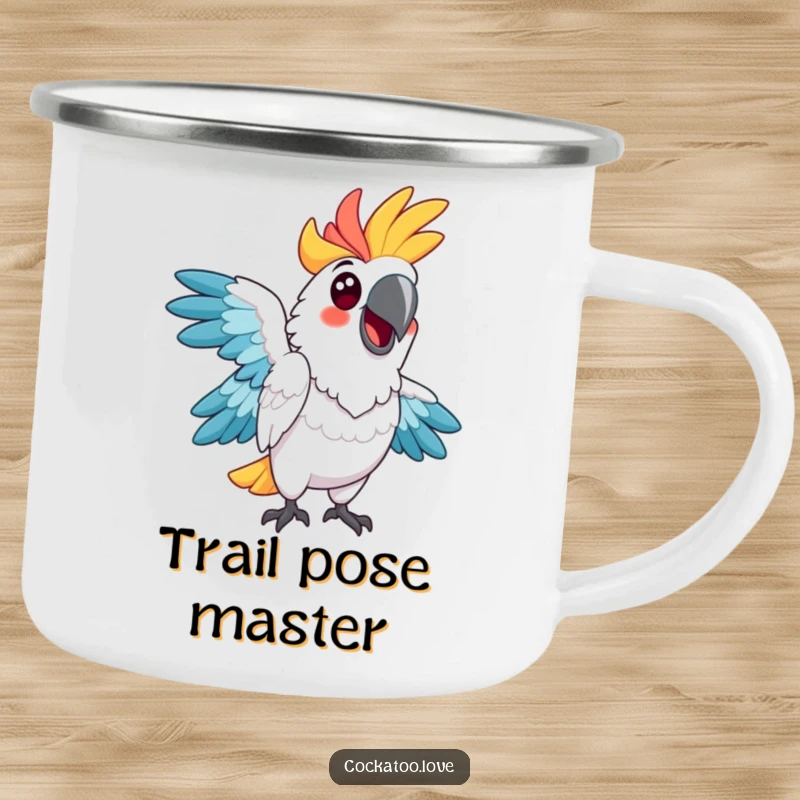Funny cockatoo camping mug, vibrant feathers, striking a comical pose, perfect for outdoor enthusiasts with a sense of humor.