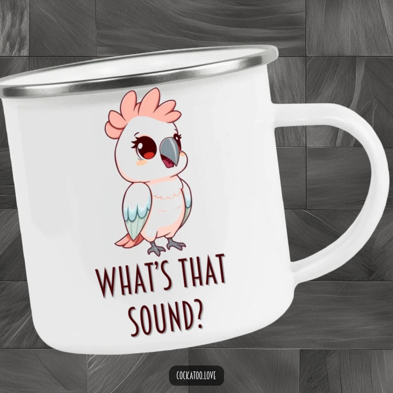 Funny camping mug with a cockatoo bird tilting its head with curious eyes. This durable mug is for the inquisitive adventurer.
