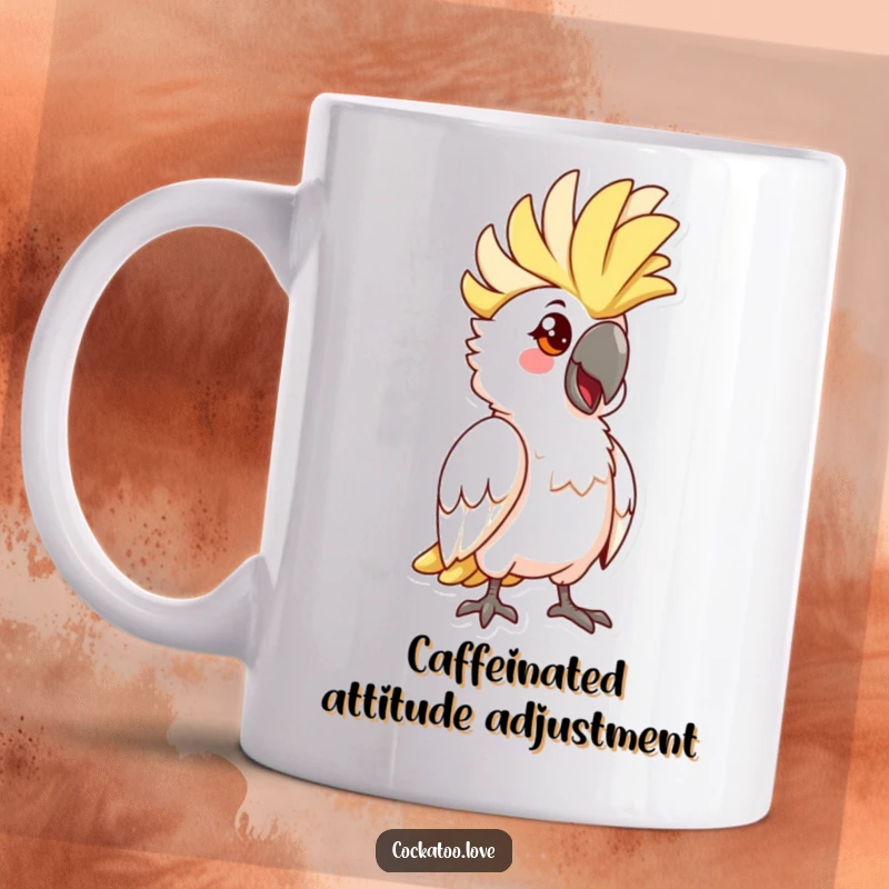 Funny Cockatoo Crest Mug: Bird character with a dramatically raised crest striking a hilarious and confident pose.