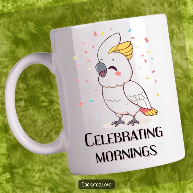 Funny cockatoo mug, beaming with a wide smile, joyfully throwing colorful confetti into the air, embodying pure celebratory spirit.