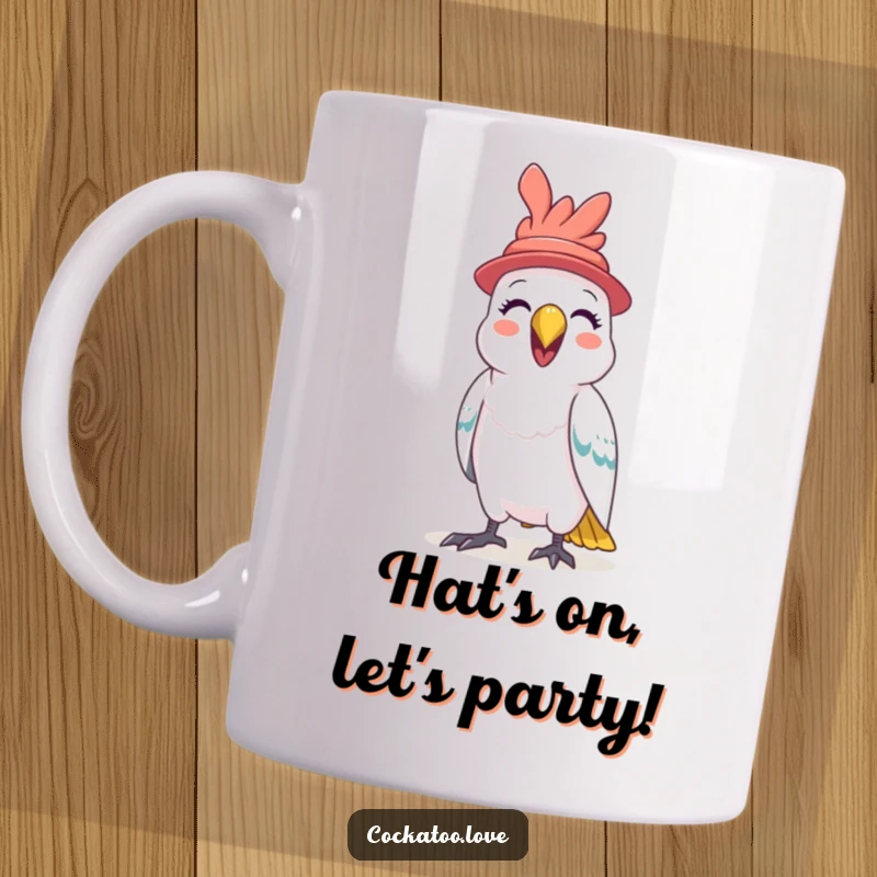 Funny Cockatoo Hat Mug a cheerful bird wearing a small hat squawks happily, bringing laughter and personality to your day.