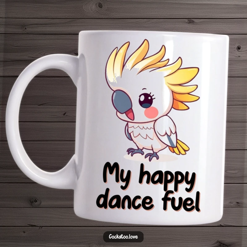 Funny cockatoo mug with a cute, colorful crest energetically bobbing its head, showcasing pure avian joy and playful spirit.