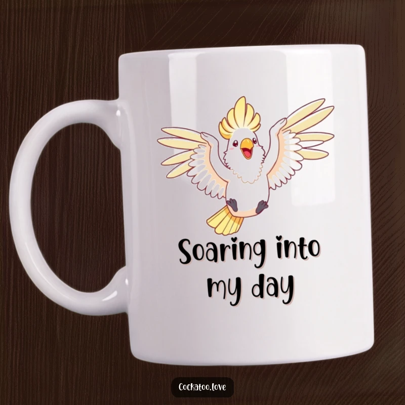 Funny mug featuring a happy cockatoo with wings outstretched, joyfully leaping through the air.
