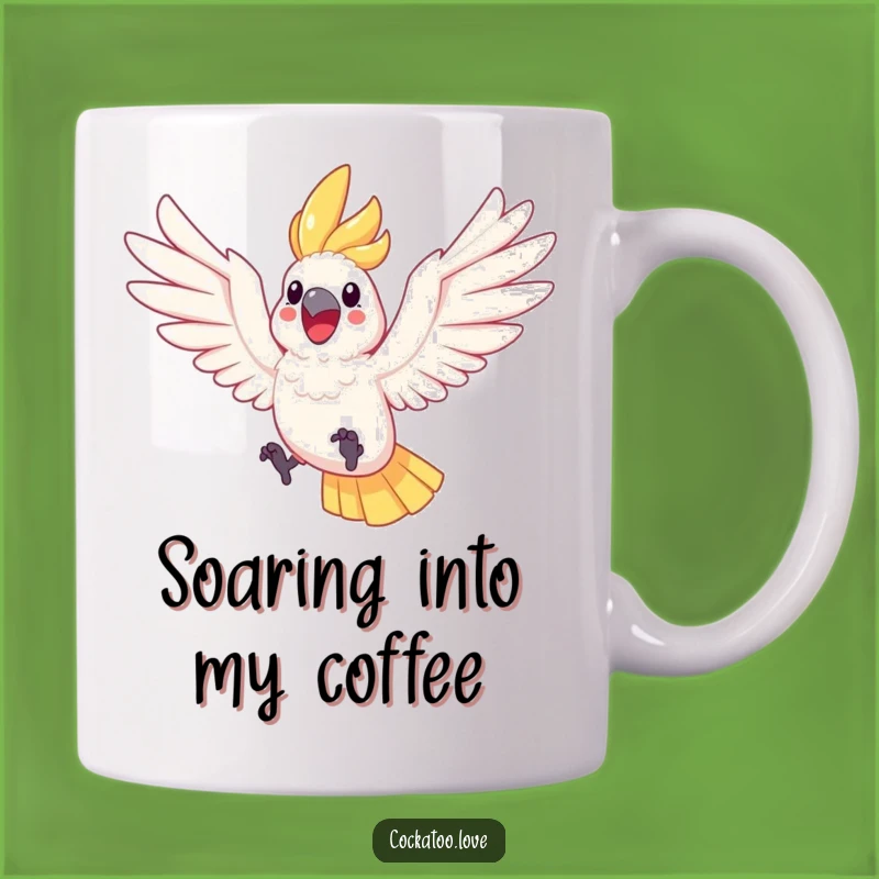 Funny Cockatoo Leaping Mug A Joyful Bird with Wings Outstretched Gift Idea