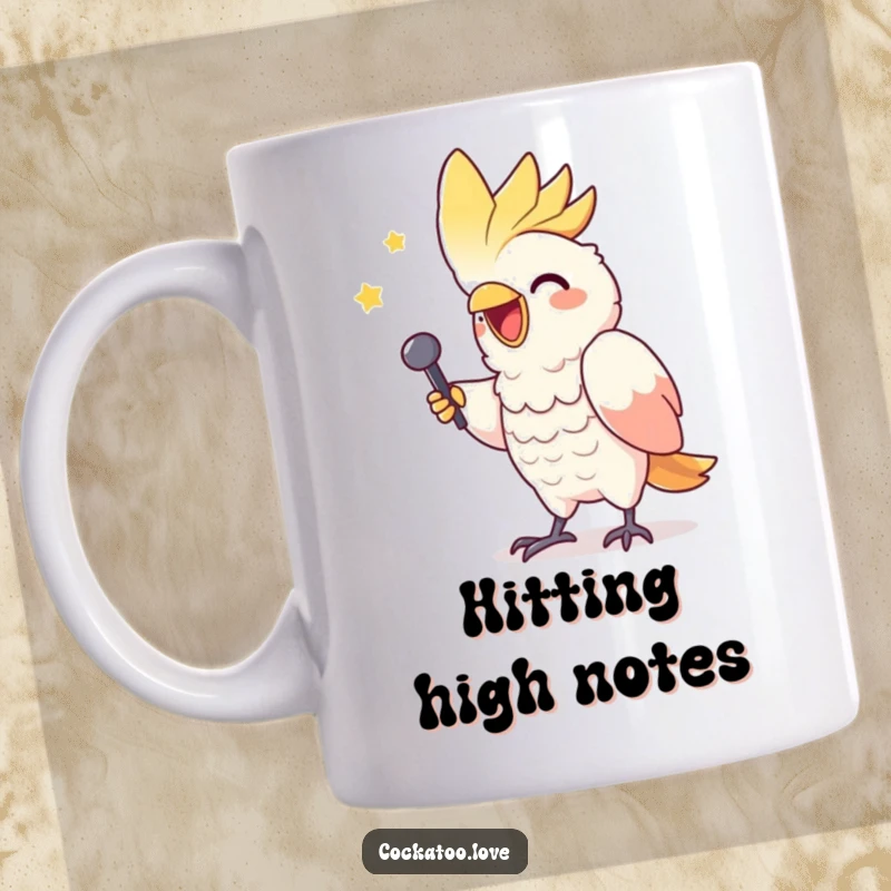 Funny cockatoo mug featuring a gleeful bird character striking a triumphant pose like a singer.