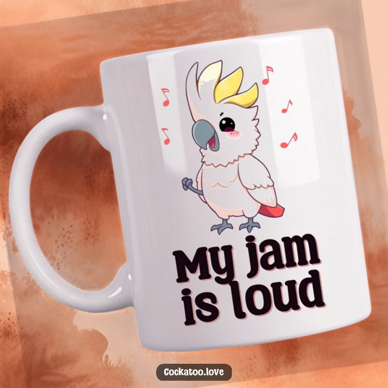 Funny Cockatoo Mug bobbing head energetically to music, conveying pure joy and a great sense of rhythm for a delightful gift.