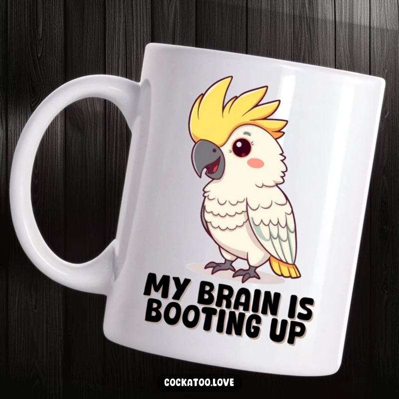 Funny cockatoo mug with a flamboyant crest nodding cheerfully, perfect for bird enthusiasts who appreciate humor.