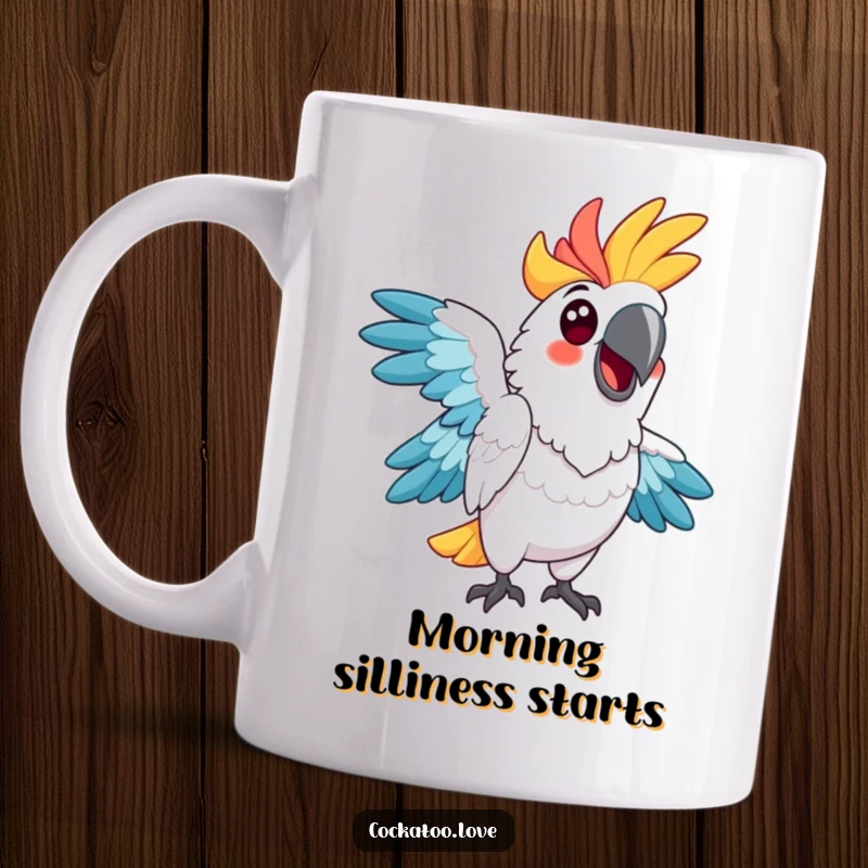 Funny cockatoo mug, vibrant feathers, striking a hilarious and unexpected pose with a cheerful expression.