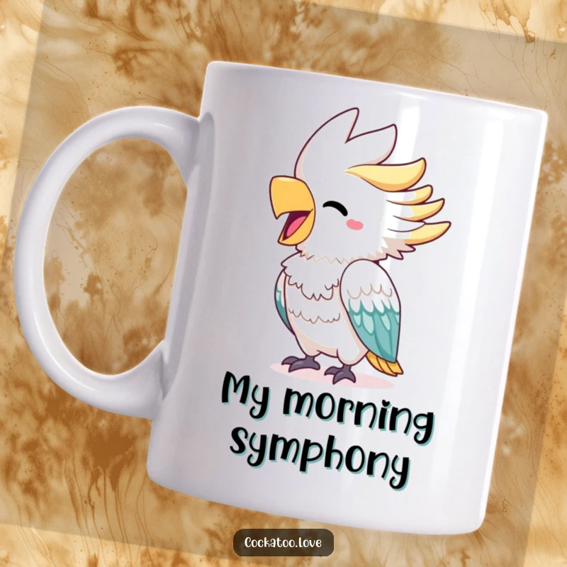 Funny cockatoo mug featuring a cheerful bird with a bright beak squawking with delight, capturing pure, vocalized happiness.
