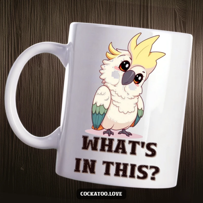 Funny cockatoo mug featuring a playful bird tilting its head with an inquisitive expression, showing curiosity and a hint of mischief.