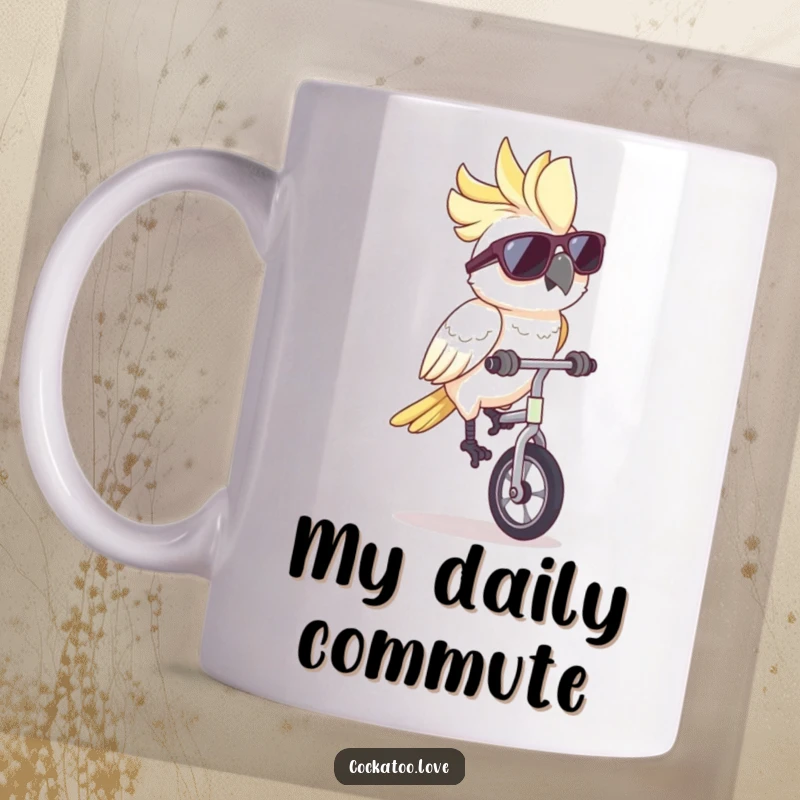 Funny cockatoo mug with sunglasses, confidently riding a unicycle with a playful expression, perfect for bird lovers and humor enthusiasts.