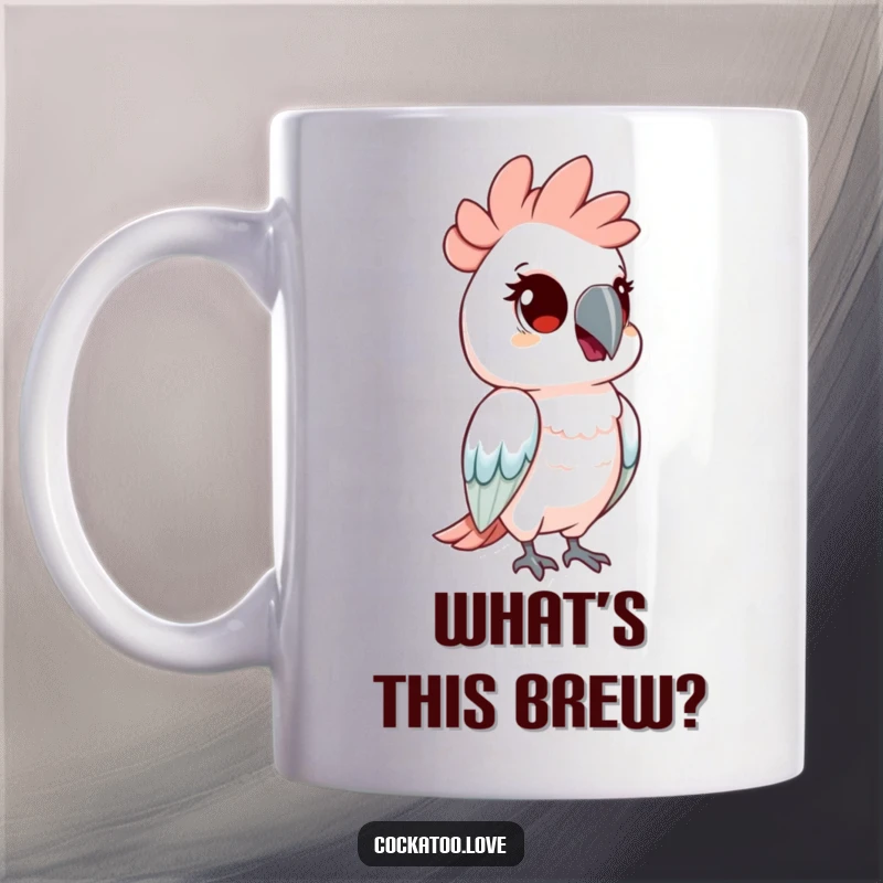 Funny mug featuring a cockatoo bird tilting its head with wide, curious eyes. This avian displays innocent wonder.