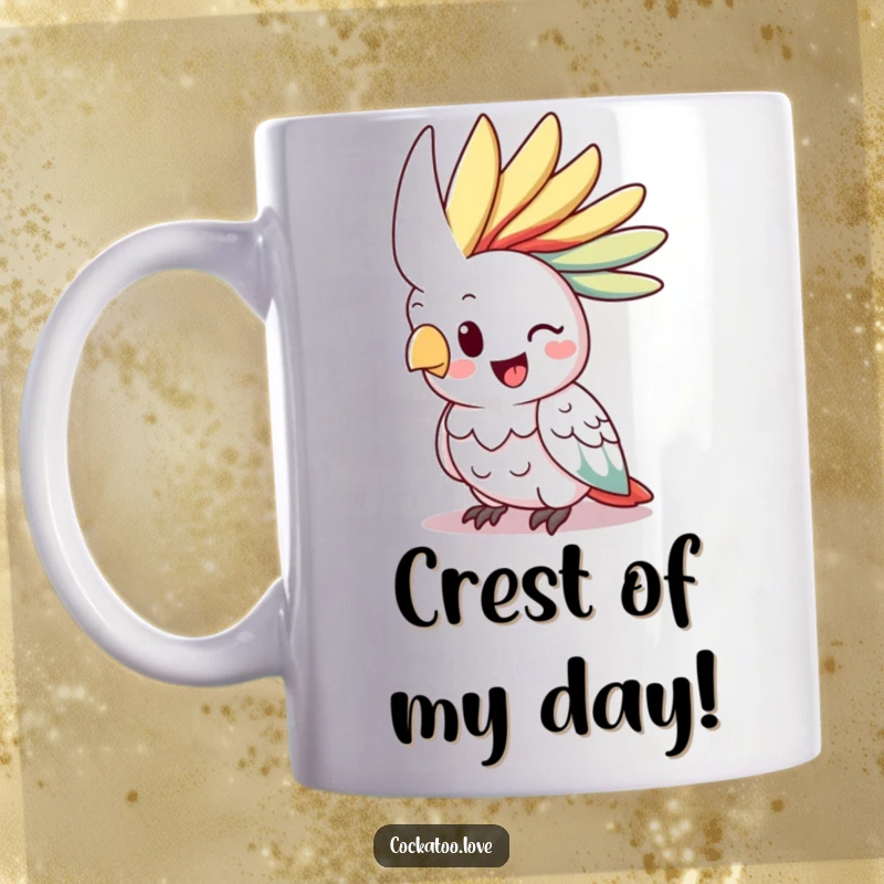 Funny happy cockatoo mug, vibrant crest raised high, cheerful expression, friendly bird character, spreading positivity.