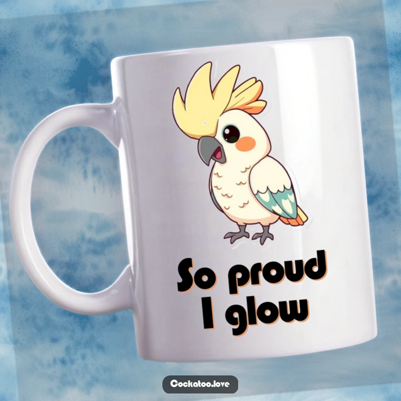 Funny cockatoo mug, displaying a comically proud bird with its crest fully puffed up, radiating self-satisfaction.