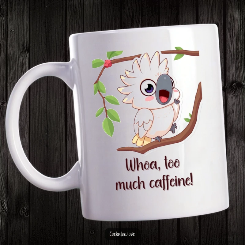 Funny mug featuring a surprised cockatoo with wide eyes, comically tumbling from a tree branch, mid-fall.