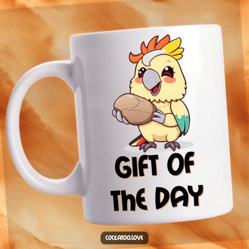 Funny cockatoo mug, colorful bird offering a shiny pebble with a wide grin, sweet gesture, happy character.