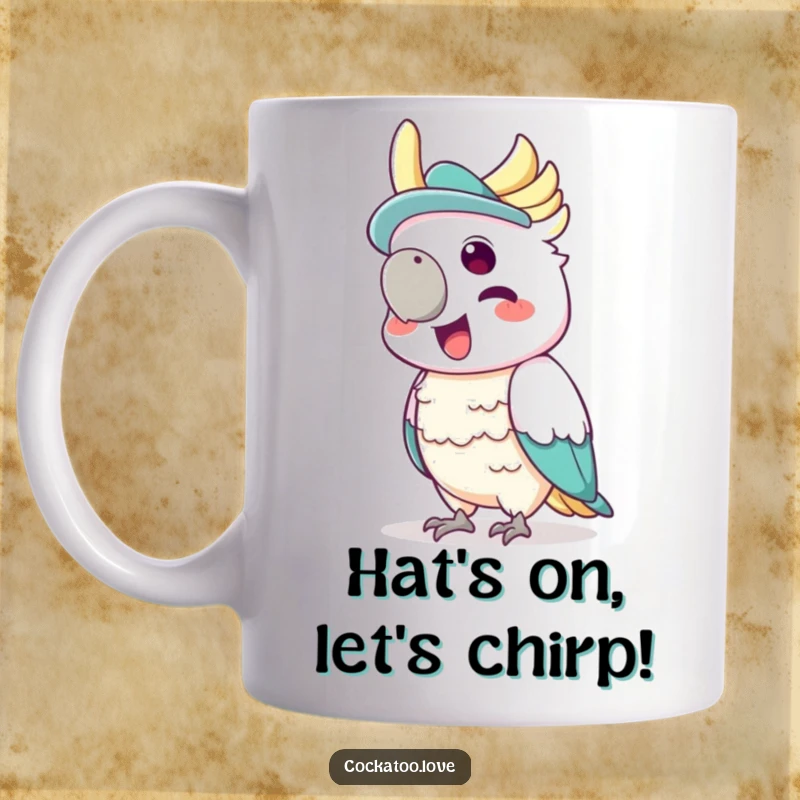 Funny mug featuring a cockatoo wearing a tiny hat, joyfully squawking with glee.