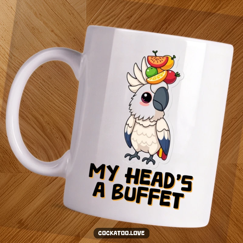 Determined cockatoo bird character focused on balancing a tall stack of colorful fruits atop its head.