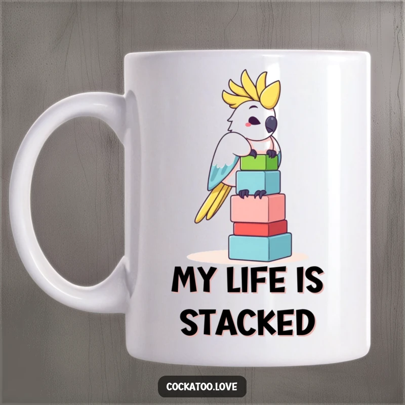 Funny Cockatoo Mug: A determined cockatoo balances a tall, colorful block tower with impressive skill and a hint of mischief.