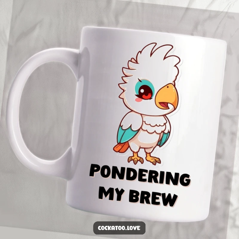Funny Quizzical Cockatoo Mug: A cockatoo character tilting its head with a curious, questioning expression, showing thoughtful contemplation.