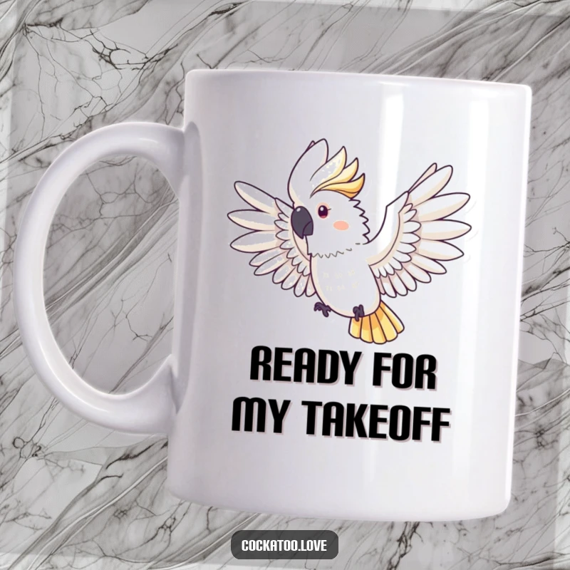 Funny Cockatoo Mug: A magnificent cockatoo with fully outstretched wings is captured mid-motion, appearing ready to take flight.