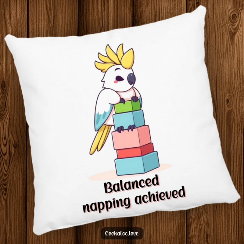 Funny Cockatoo Pillow: A plush cockatoo is depicted balancing a tall stack of colorful blocks, adding a funny touch to home decor.