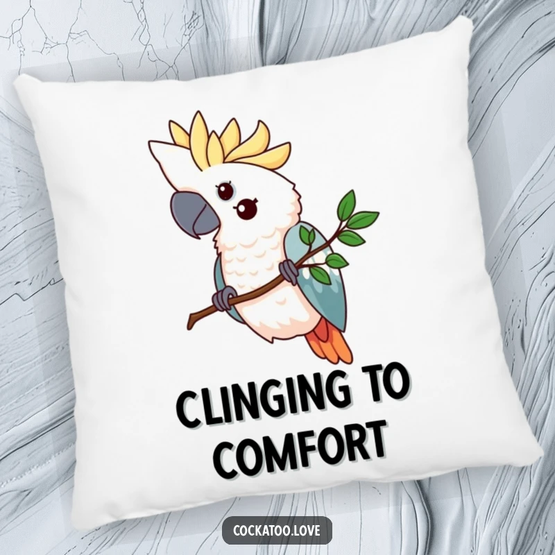 Funny cockatoo pillow featuring a determined bird gripping a tiny, stylized branch, offering a soft and steadfast accent.