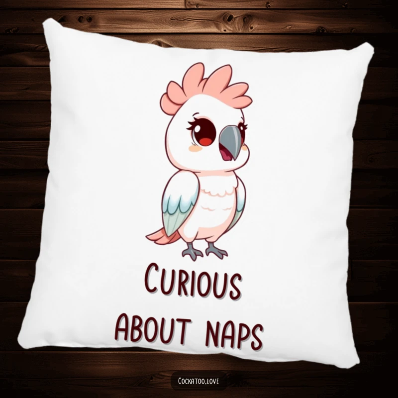Funny pillow with a cockatoo bird tilting its head with curious eyes. This decorative cushion adds a thoughtful touch.