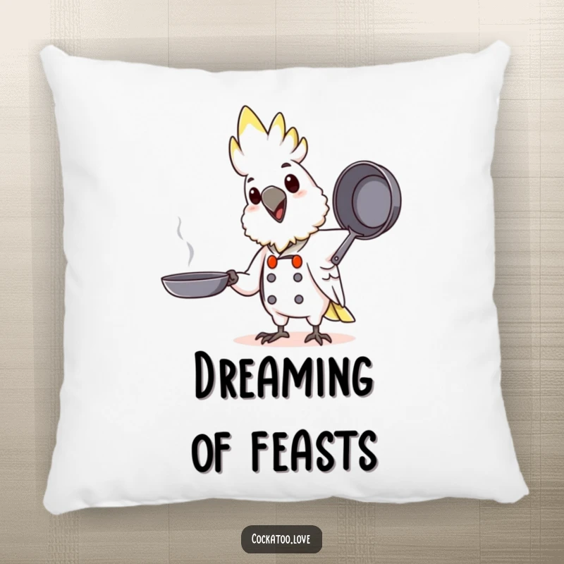 Funny Chef Cockatoo Pillow: A soft pillow featuring a happy cockatoo bird dressed as a chef, tossing a pretend pan.