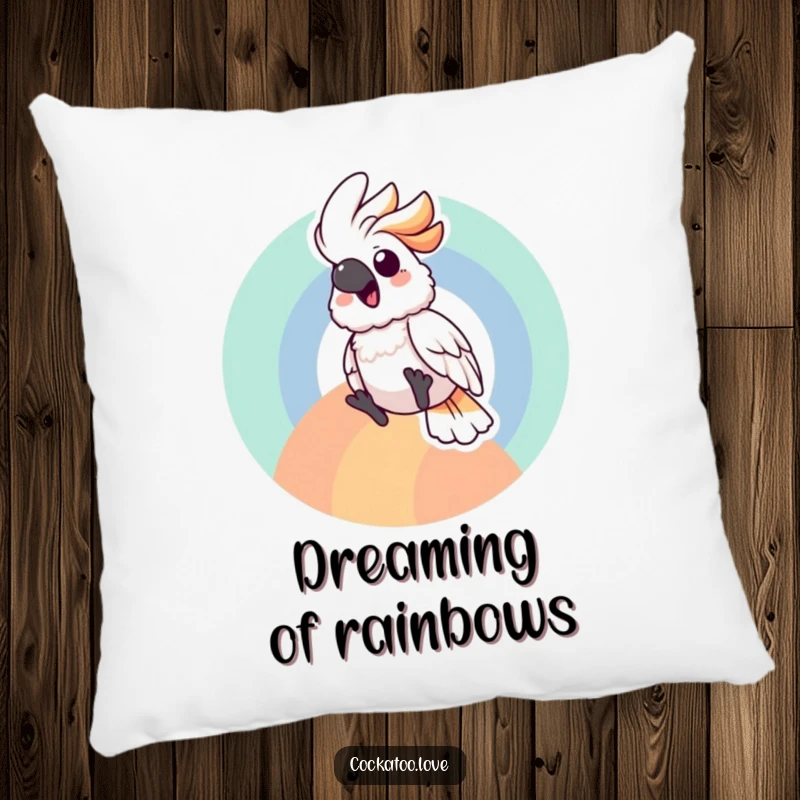 Happy cockatoo pillow with a bird character gleefully sliding down a vibrant rainbow, providing cozy comfort.