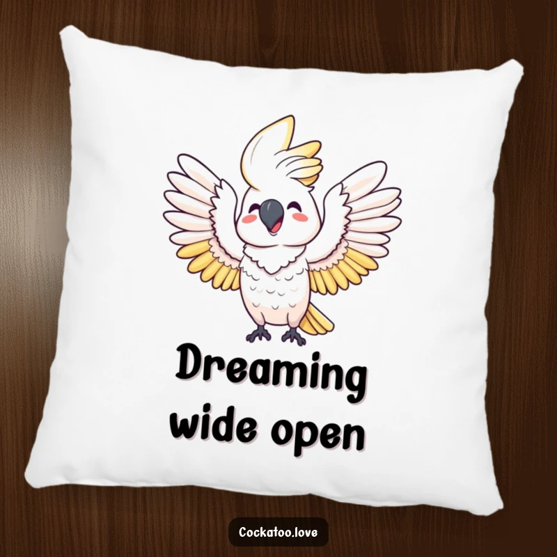 Funny pillow: A happy cockatoo joyfully stretches its wings wide, creating a humorous and comforting decorative accent.