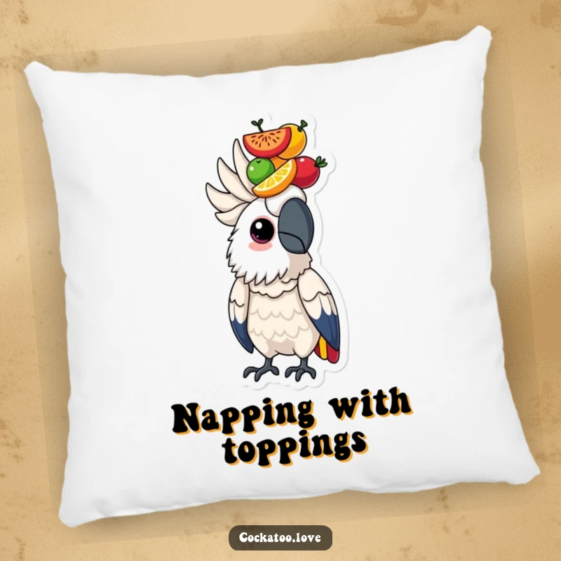 Focused cockatoo pillow featuring a bird determinedly balancing a colorful stack of fruits on its head, offering comfort.
