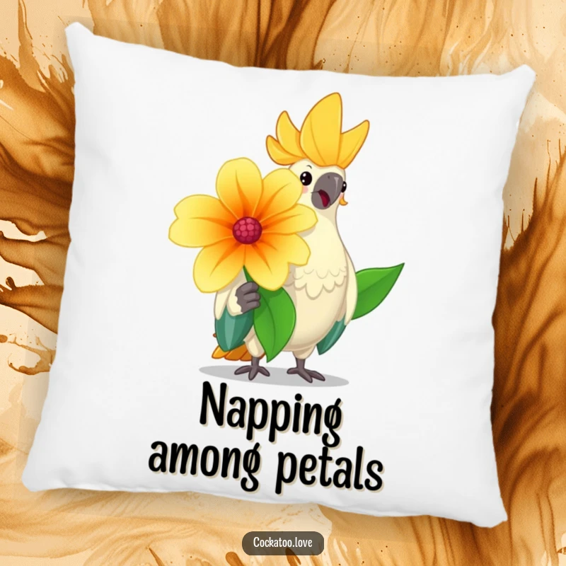 Funny cockatoo pillow featuring a cheerful bird offering a big flower with a friendly nod, perfect for soft, humorous comfort.