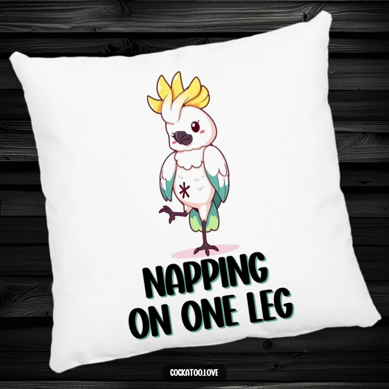 Funny Pillow featuring a cockatoo character balancing on one leg, combining comfort and quirky humor for a delightful funny gift.