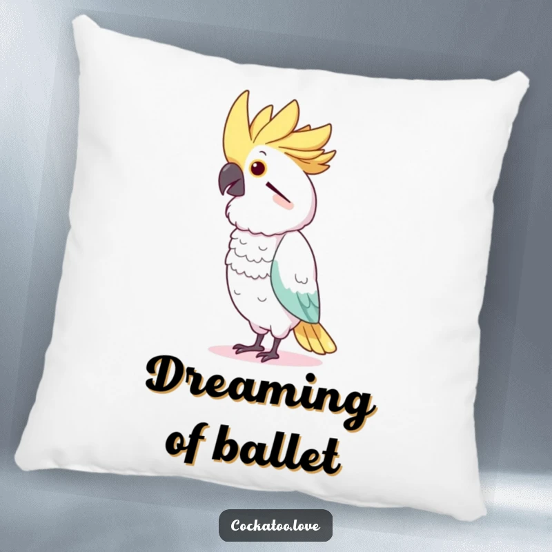 Funny Cockatoo Dancer Pillow: Soft cushion featuring a charming bird character hilariously imitating a dancer with a bobble head.