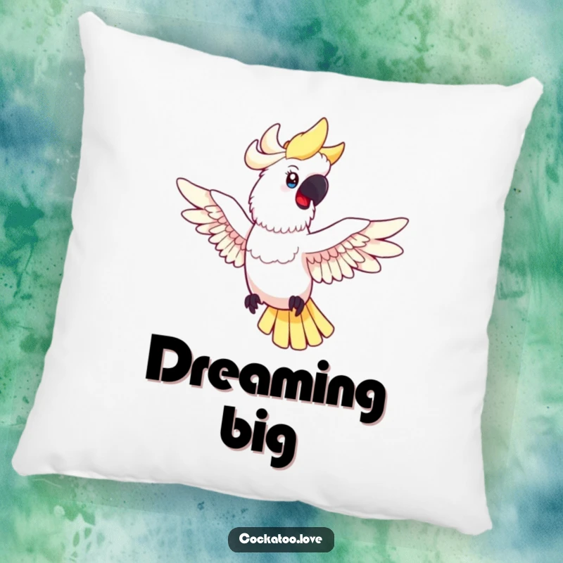 Funny cockatoo pillow showing a happy bird with spread wings in mid-flight, offering a soft and cheerful addition to any cozy setting.