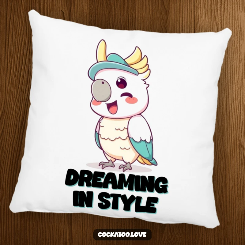 Funny decorative pillow showing a cockatoo wearing a tiny hat, joyfully squawking with glee.