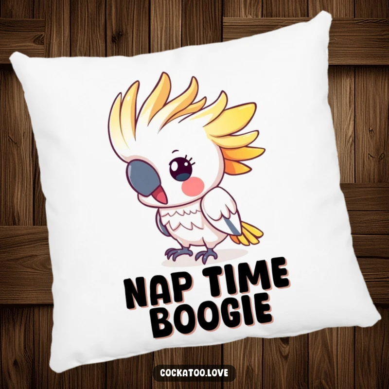 Funny cockatoo pillow showing a cute, colorful crested bird energetically bobbing its head, bringing a soft touch of joy and whimsy.