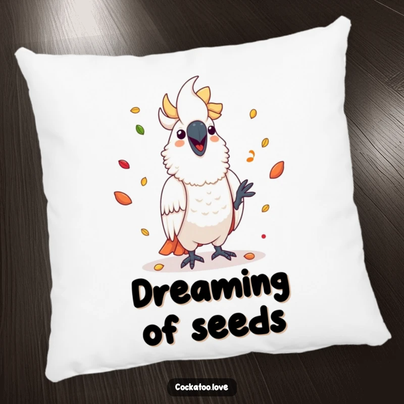 Funny cockatoo pillow featuring a happy bird in the act of juggling a pile of bright, scattered seeds.