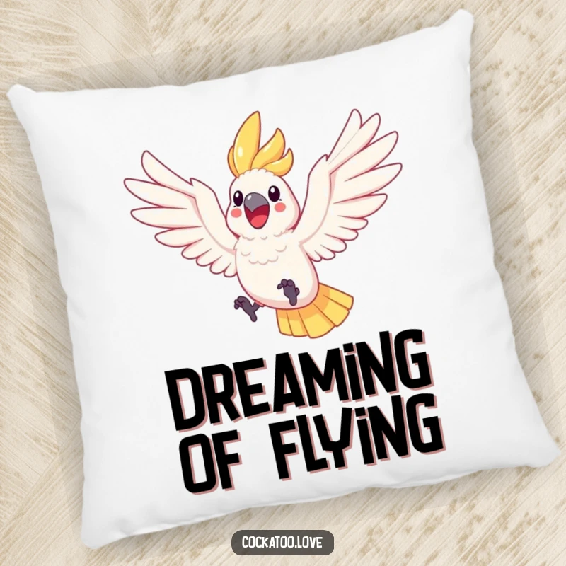 Funny Cockatoo Leaping Pillow a joyful cockatoo leaps with wings open, providing a soft, humorous, and decorative accent that radiates happiness.