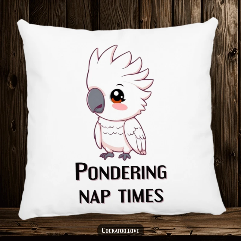 Funny cockatoo pillow featuring a bird tilting its head inquisitively, adding cute charm.