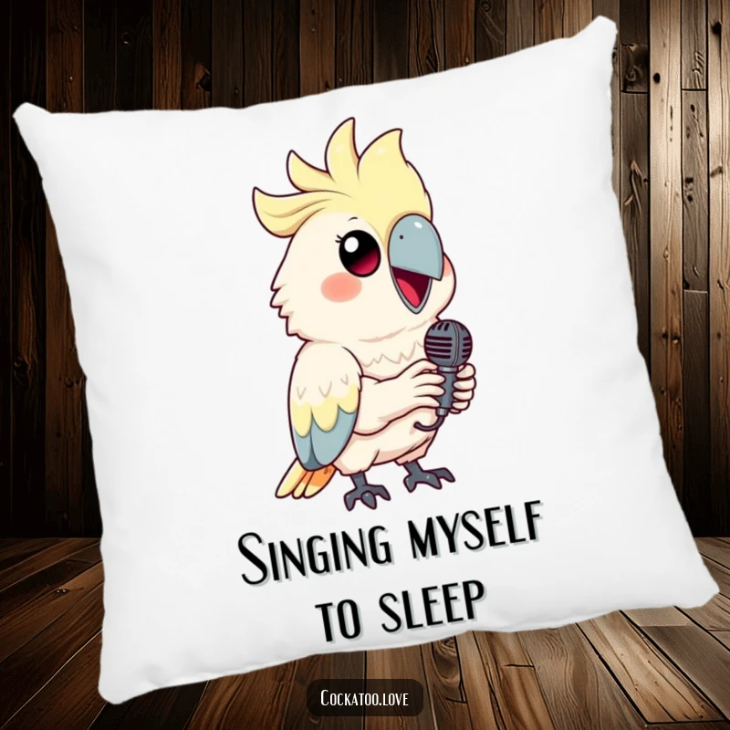Funny cockatoo pillow featuring a smiling bird holding a tiny microphone, perfect for music lovers.
